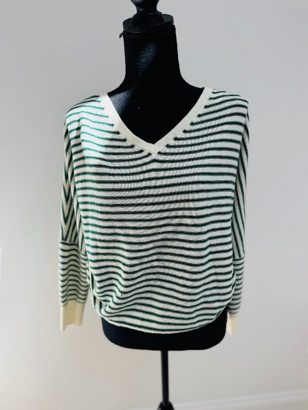 BluIvy Green and Cream Stripe Sweater with Gold Button Detail Sz S/M